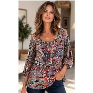 NWOT Peck & Peck Cold Shoulder Paisley Boho Blouse Shirt Top M